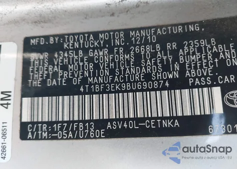 2011 Toyota Camry Le z USA, uszkodzony, nr VIN 4T1BF3EK9BU690874